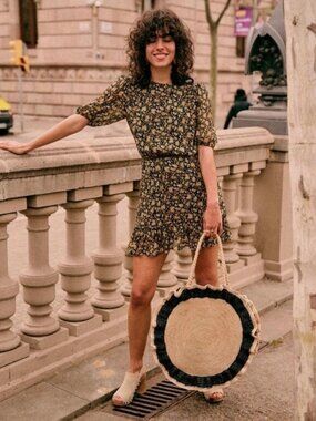 Sezane Floral Mini Dress - Black and Cream